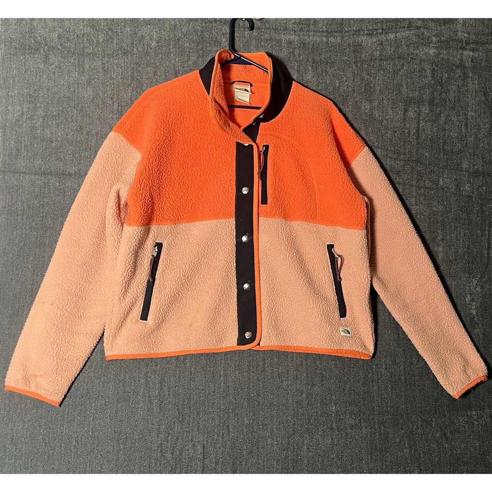 The North Face Women M Full Zip Fleece Jacket Pocket Colorblock Orange Pink Flaw